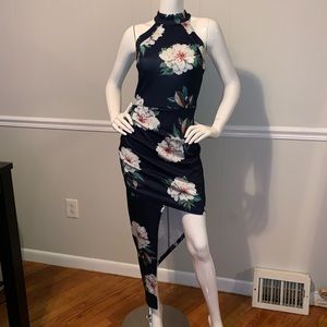 Floral asymmetrical high neck midi dress